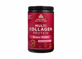 Ancient Nutrition Multi Collagen Protein Beauty Within powder container, red label, black lid, Guava Passionfruit