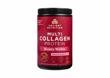 A container of Ancient Nutrition Multi Collagen Protein in the “Beauty Within” flavor, featuring a red and pink label with gold accents and a focus on skin, hair, and nail health. The flavor is Guava Passionfruit.