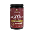 A jar of Ancient Nutrition Multi Collagen Protein in the "Gut Restore" variety, with a deep maroon label highlighting gut health. The flavor is Lemon Ginger.