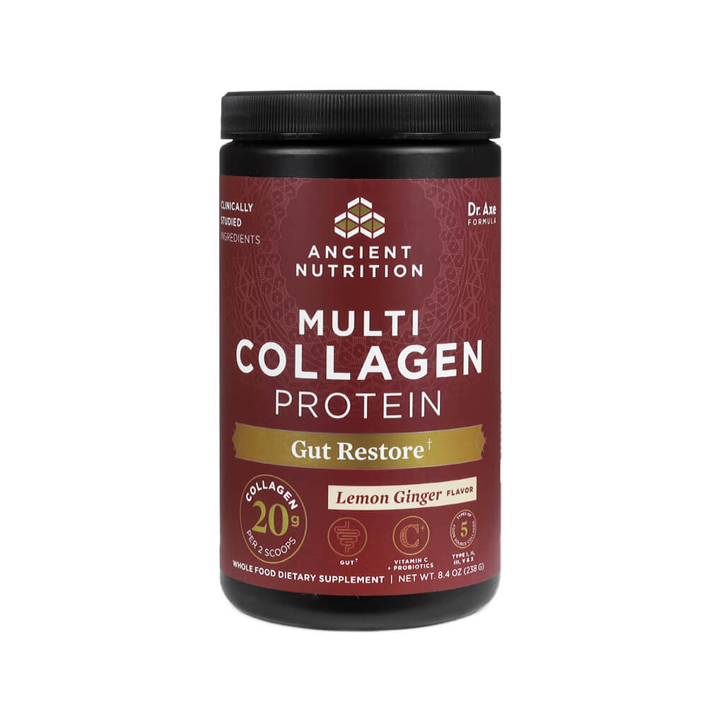 A jar of Ancient Nutrition Multi Collagen Protein in the "Gut Restore" variety, with a deep maroon label highlighting gut health. The flavor is Lemon Ginger.