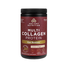 Ancient Nutrition Multi Collagen Protein Gut Restore powder jar, maroon label, black lid, Lemon Ginger flavor, 8.4 oz