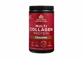Ancient Nutrition Multi Collagen Protein Chocolate powder, red 10 oz canister with black lid and front label