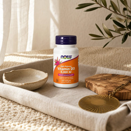 NOW Foods D-3 5000 IU softgel size chart showing small 0.4 inch softgel