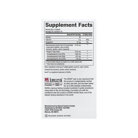 Natural Factors RxOmega-3 Ultra Strength supplement facts panel listing dosage and ingredients