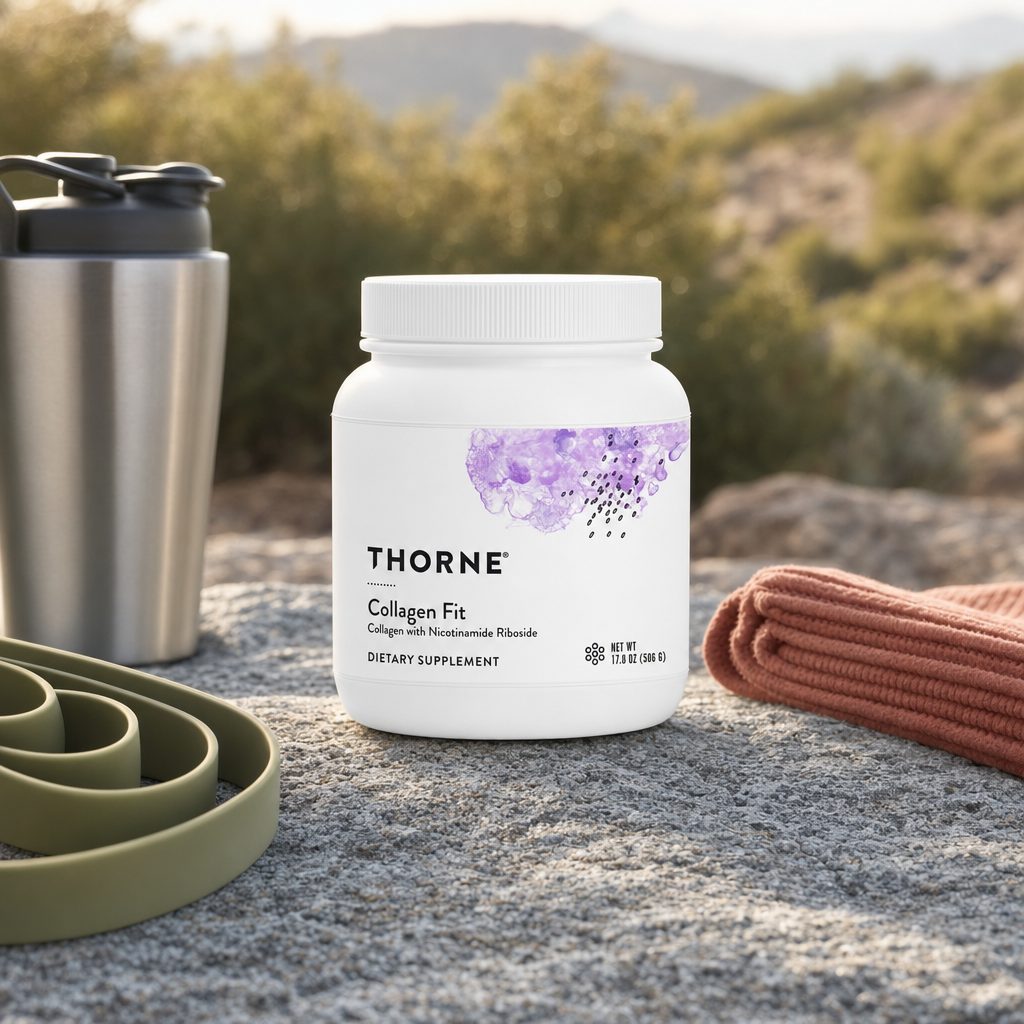 Thorne Research Collagen Fit unflavored powder tub with scoop and serving details