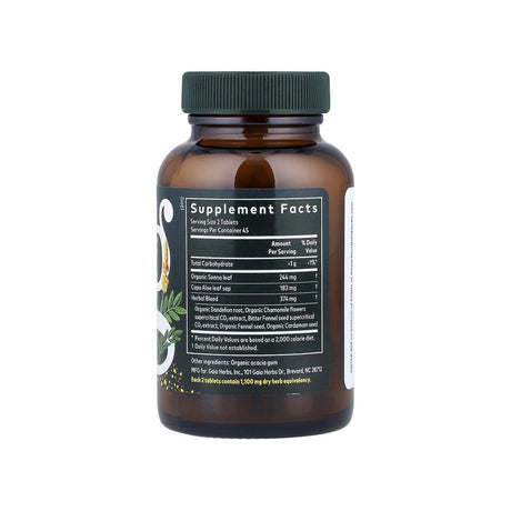 Gaia Herbs Natural Laxative Tablets supplement facts panel listing ingredients, dosage, and serving size
