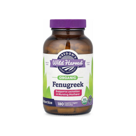Oregon's Wild Harvest Fenugreek 180 capsules front bottle label with USDA Organic badge