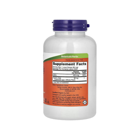 NOW Foods Organic Kelp Powder supplement facts panel listing ingredients, dosage, and serving size