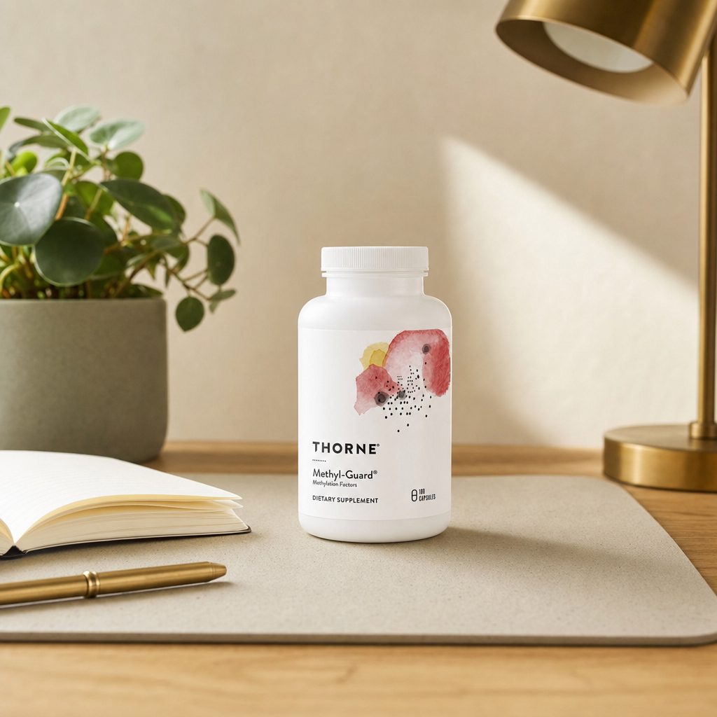 Thorne Research Methyl-Guard 180 Capsules bottle on a counter with a glass of water