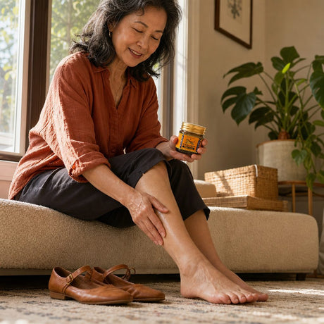 Woman applying Tiger Balm Ultra Strength Pain Relieving Ointment to her knee after exercise