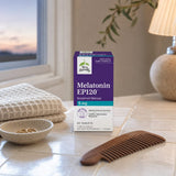 Terry Naturally Melatonin EP120 5mg tablet beside product bottle