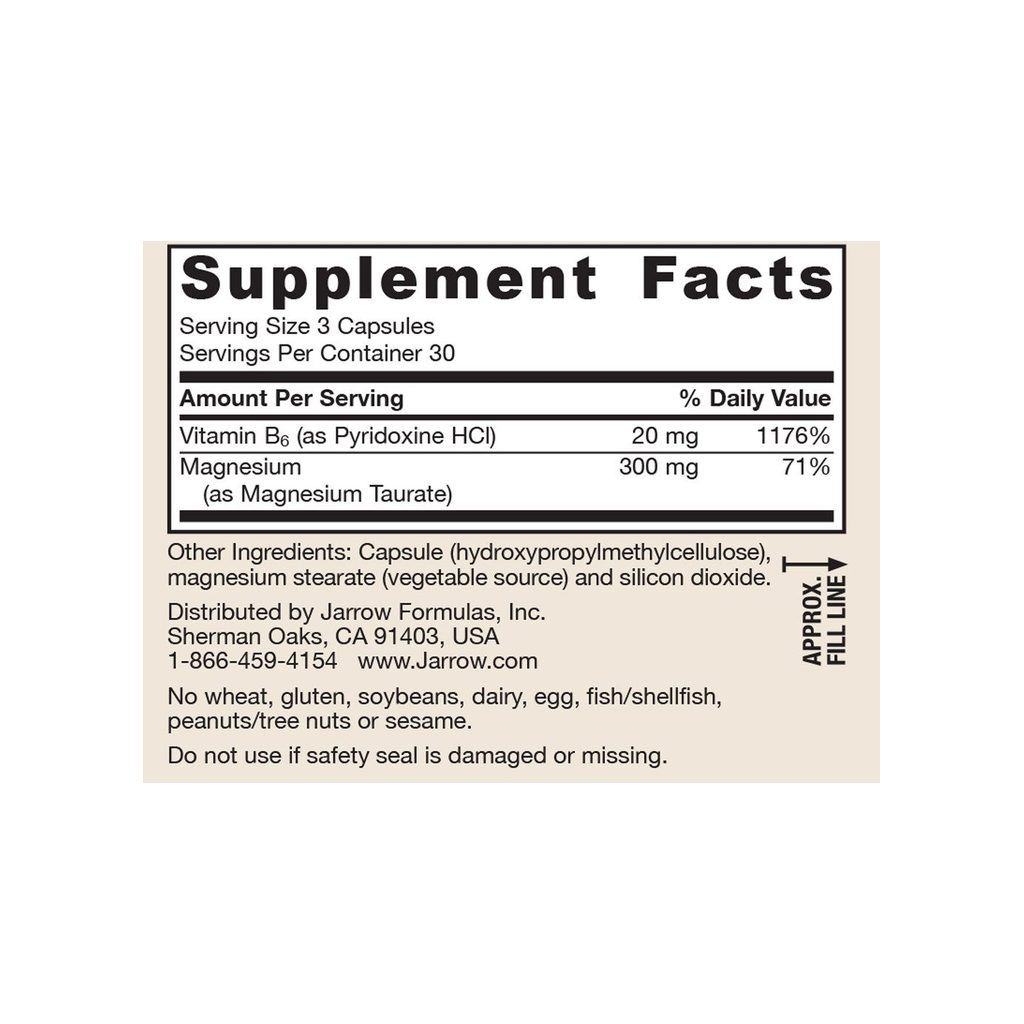 Jarrow Formulas Magnesium Taurate supplement facts panel listing ingredients, dosage, and serving size