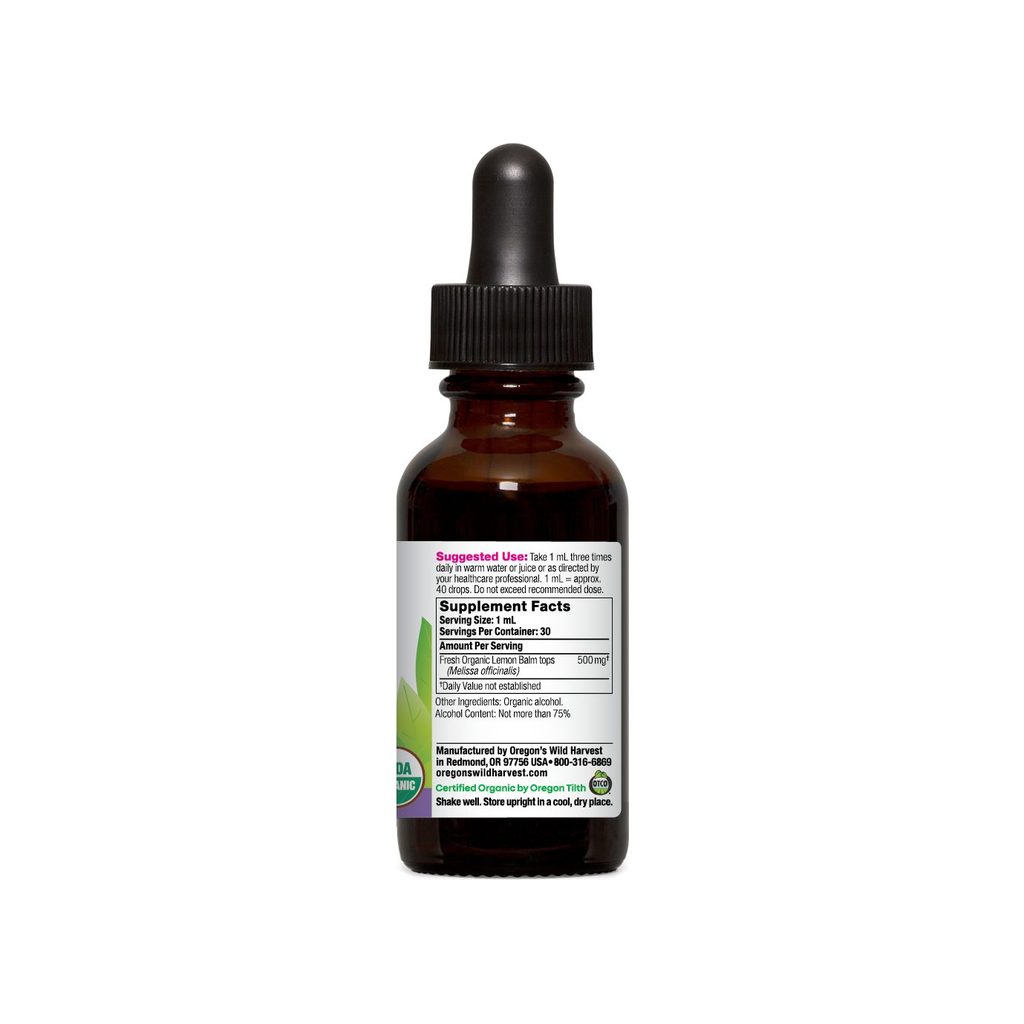 Oregon's Wild Harvest Lemon Balm Organic Extract supplement facts panel listing dosage and ingredients