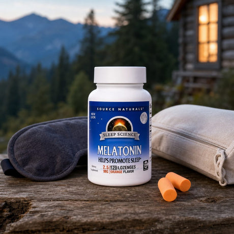 Source Naturals Melatonin Sleep Science Orange on a bedside table with a lamp and book