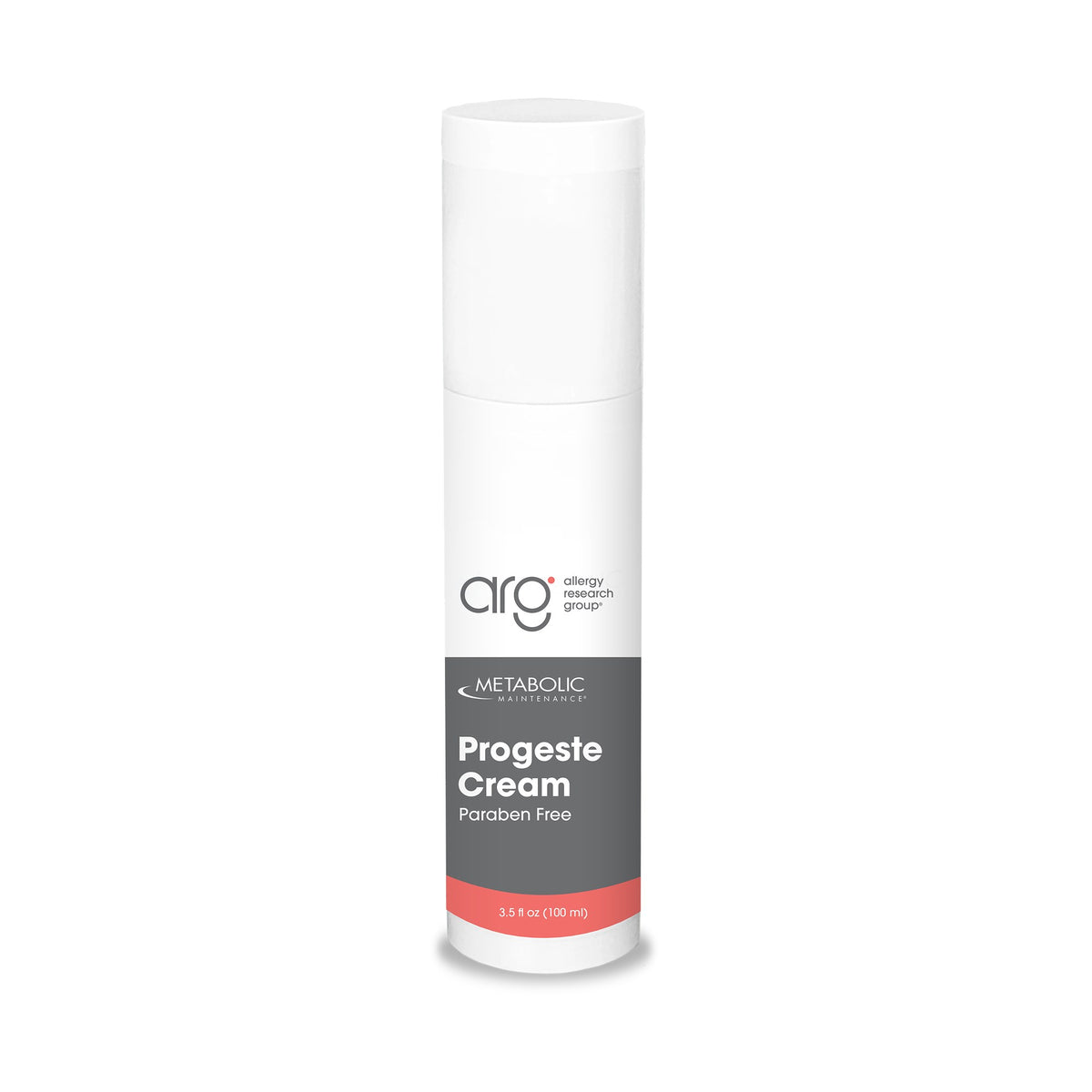 Metabolic Maintenance Progeste Cream Paraben Free 3.5 fl oz (100 ml) white pump bottle with gray and coral Allergy Research Group label
