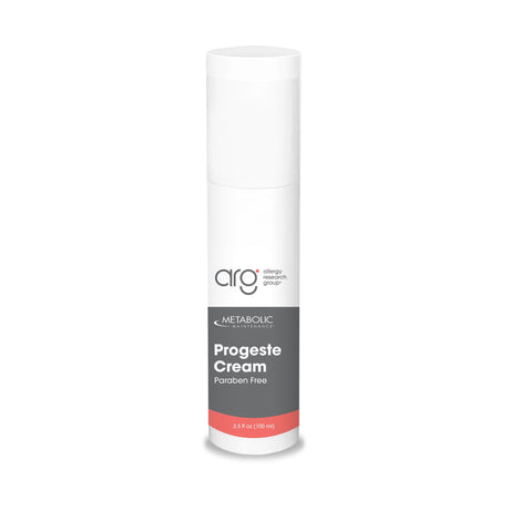 Metabolic Maintenance Progeste Cream Paraben Free 3.5 fl oz (100 ml) white pump bottle with gray and coral Allergy Research Group label