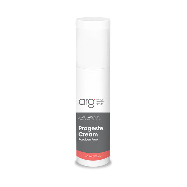 Metabolic Maintenance Progeste Cream Paraben Free 3.5 fl oz (100 ml) white pump bottle with gray and coral Allergy Research Group label