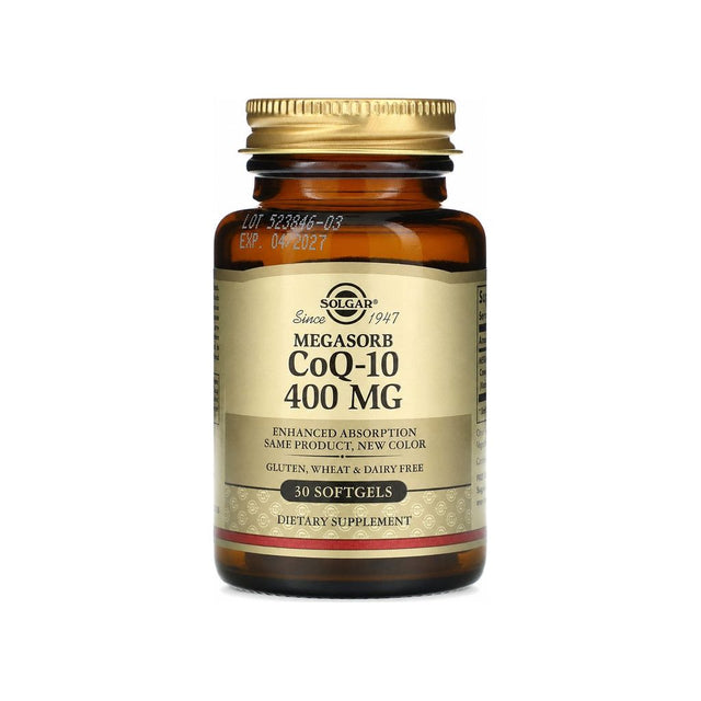 Solgar Megasorb CoQ-10 400 mg 30 softgels amber glass bottle front label