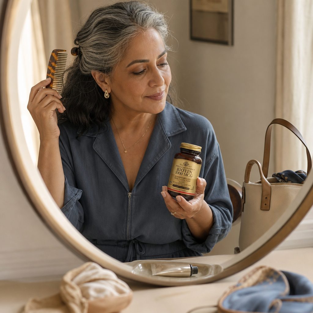 Solgar Biotin 1000 mcg 250 capsules bottle beside a daily supplement organizer