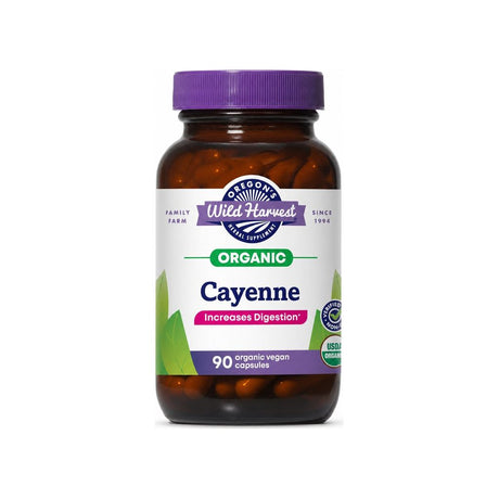 Oregon's Wild Harvest Organic Cayenne Capsules bottle front with USDA Organic badge, 90 vegan capsules