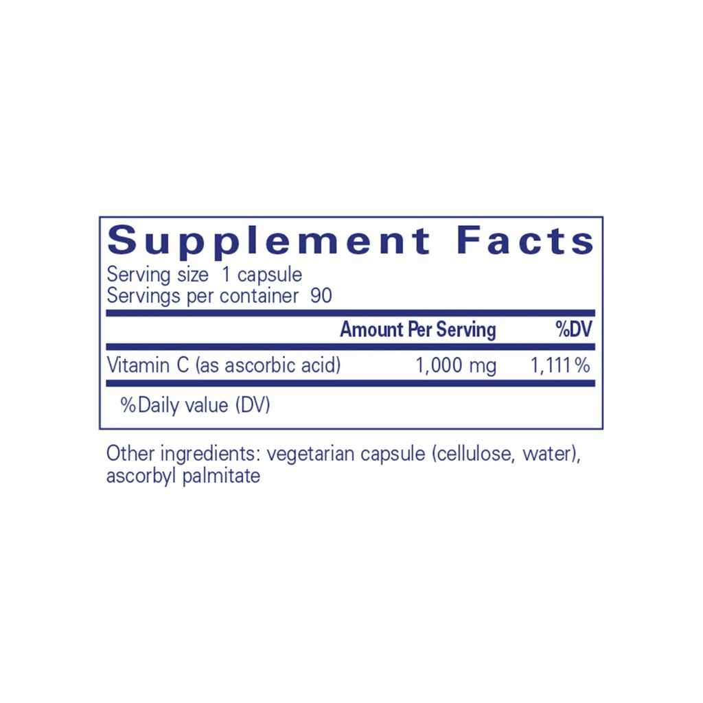 Pure Encapsulations Ascorbic Acid supplement facts panel listing ingredients and serving size