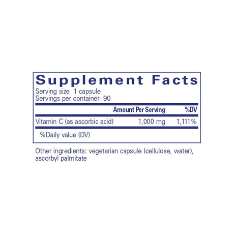 Pure Encapsulations Ascorbic Acid supplement facts panel listing ingredients and serving size