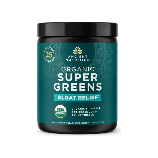 Ancient Nutrition SuperGreens Bloat Relief powder front container, 7.8 oz
