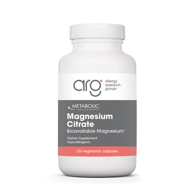 Metabolic Maintenance Magnesium Citrate 120 vegetarian capsules, white bottle with gray and coral Allergy Research Group label