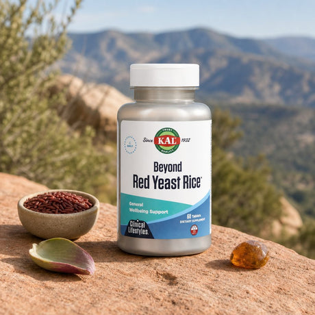 KAL Beyond Red Yeast Rice bottle angled view showing red and white tablet supplement packaging
