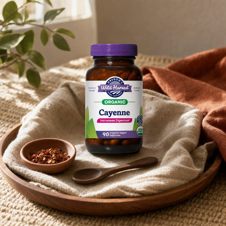 Oregon's Wild Harvest Cayenne Capsules bottle side label with suggested use and cautions