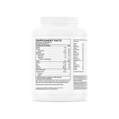 Thorne Research Whey Isolate Chocolate supplement facts panel listing ingredients and serving size