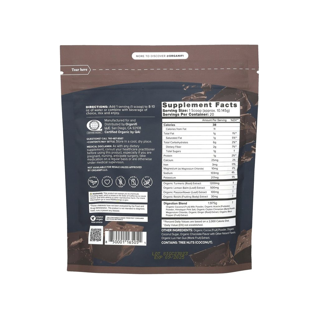 Organifi Gold Superfood Powder Chocolate supplement facts panel listing ingredients, dosage, and serving size