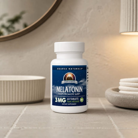 Source Naturals Melatonin Timed Release 3 mg bottle showing side label details