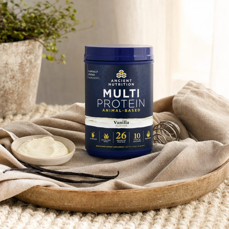 Ancient Nutrition Multi Protein Powder Vanilla mixed in a shaker bottle with vanilla shake