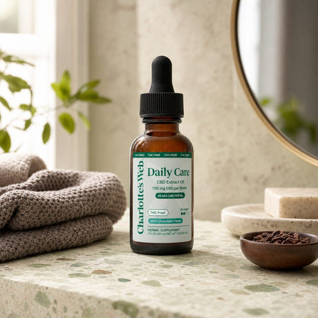 Charlotte's Web Daily Care 25mg THC-Free CBD Oil — Mint Chocolate in a wellness lifestyle scene