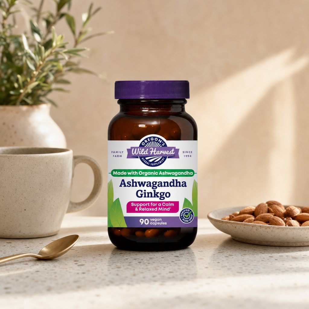 Oregon's Wild Harvest Ashwagandha Ginkgo bottle right side supplement details