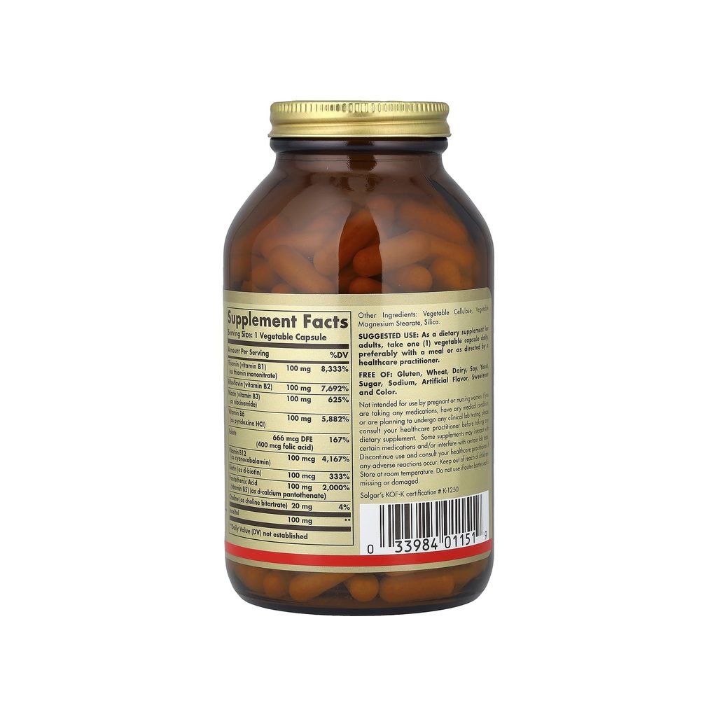 Solgar B-Complex 100 supplement facts panel listing ingredients, dosage, and serving size