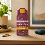 Ancient Nutrition Multi Collagen Protein Gel Tropical packets displayed with pineapple, mango, and guava