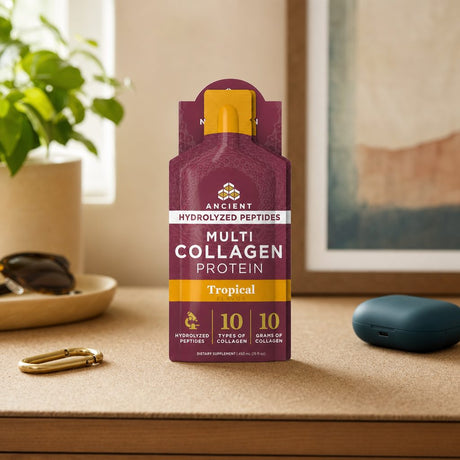 Ancient Nutrition Multi Collagen Protein Gel Tropical packets displayed with pineapple, mango, and guava