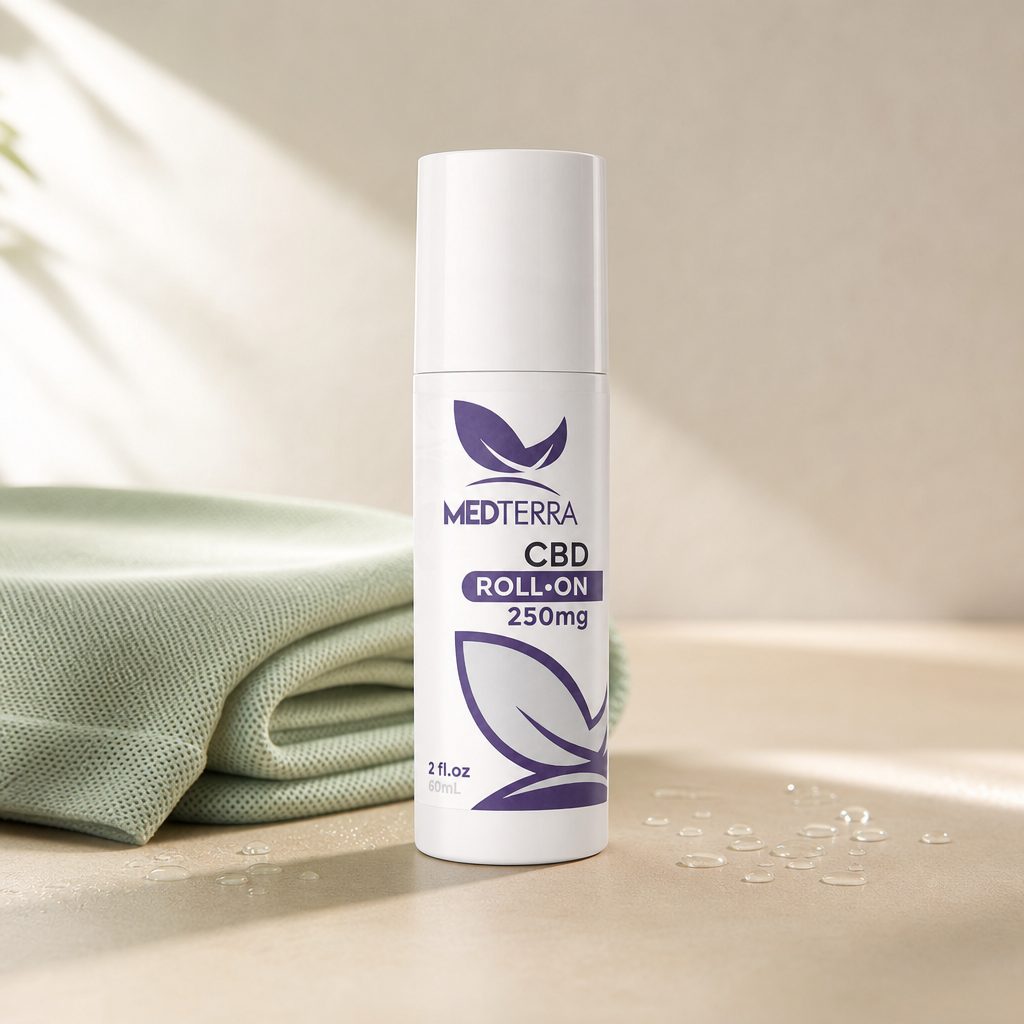 Medterra CBD Rapid Cooling Roll-On 250mg bottle showing side label and roll-on format
