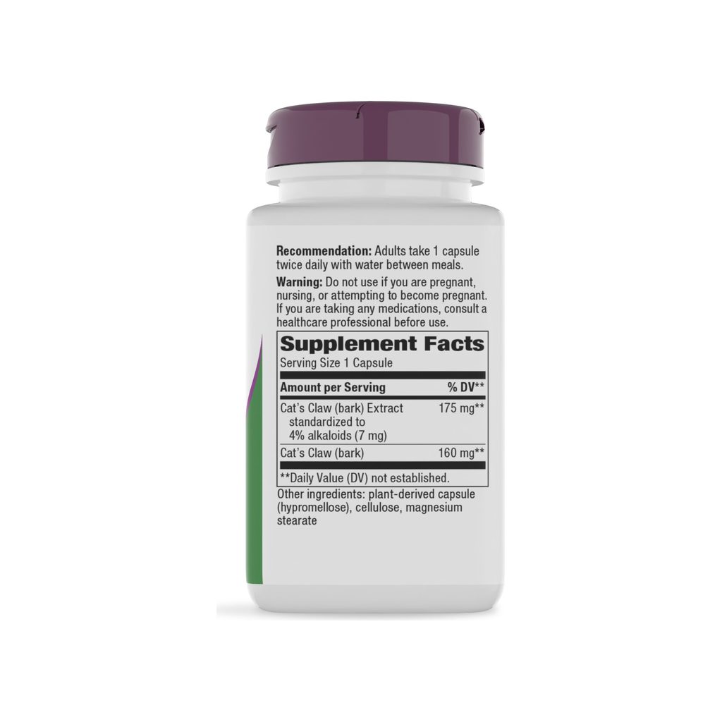 Nature's Way Cat's Claw supplement facts panel listing ingredients, dosage, and serving size