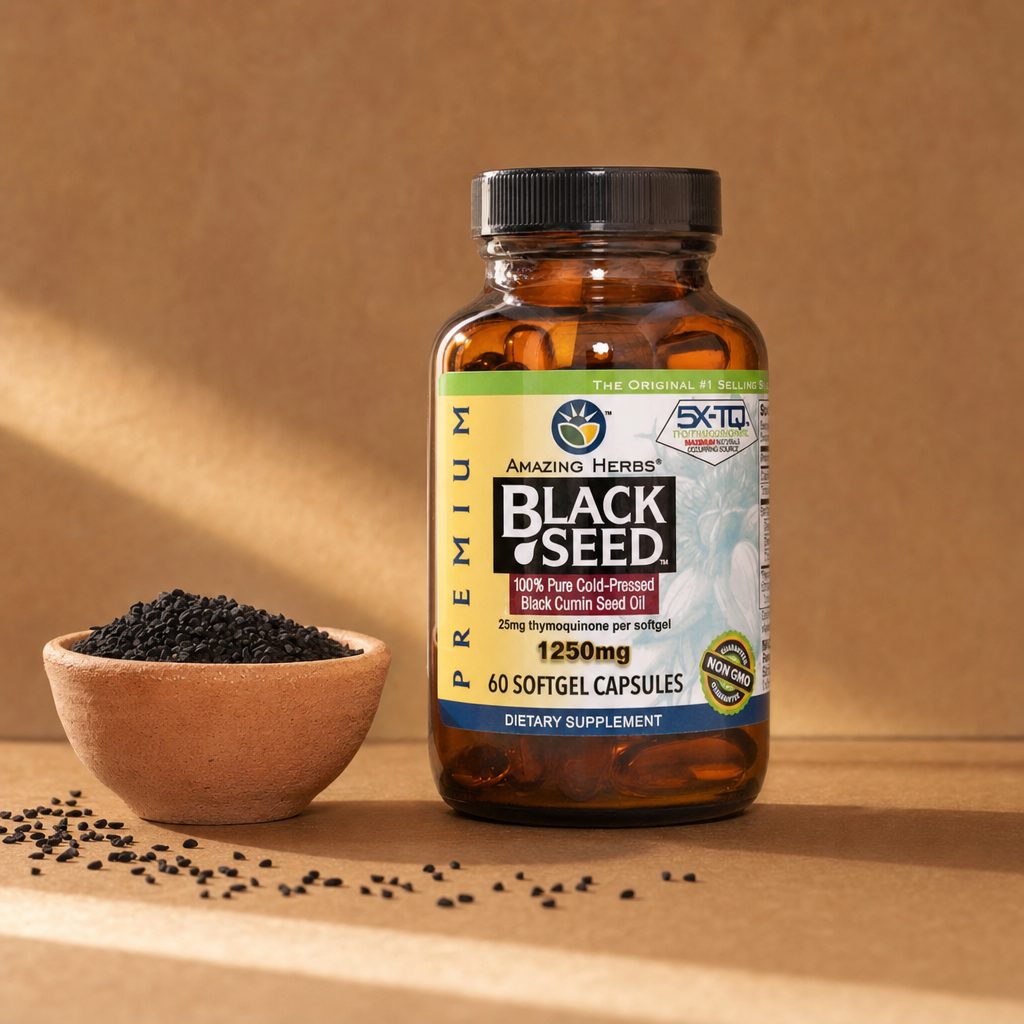 Amazing Herbs Premium Black Seed Oil XL Softgels 60 count bottle and packaging details