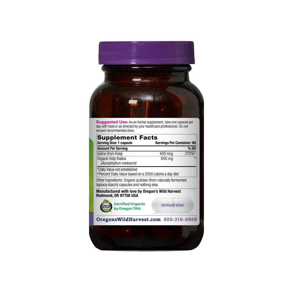 Oregon's Wild Harvest Kelp Capsules supplement facts panel listing ingredients, dosage, and serving size