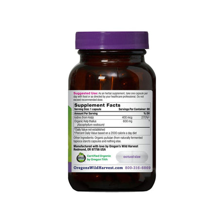 Oregon's Wild Harvest Kelp Capsules supplement facts panel listing ingredients, dosage, and serving size
