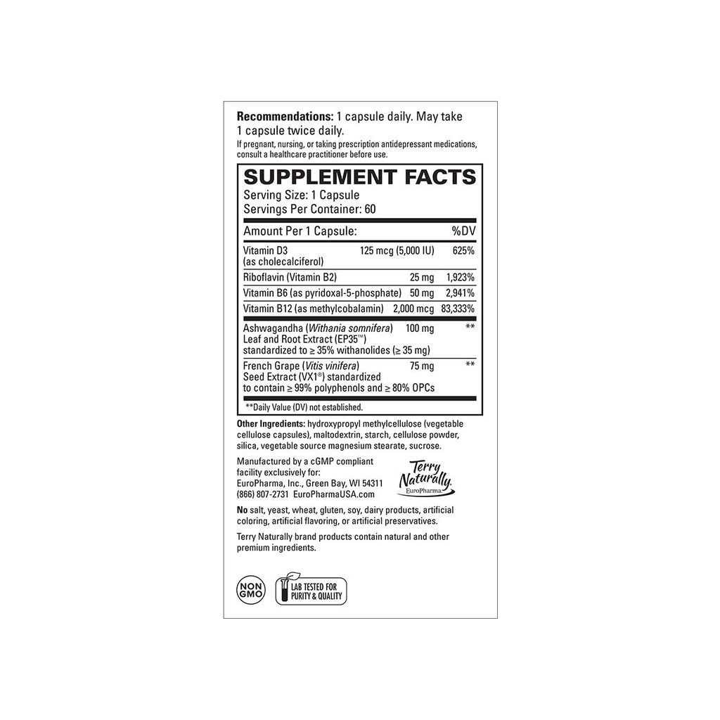 Terry Naturally Serotonin Mood Essentials supplement facts panel with recommendations and other ingredients