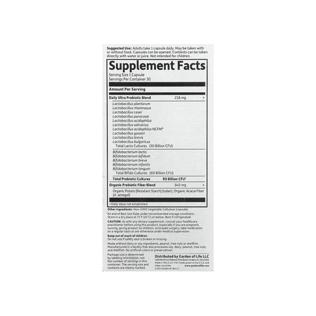 Garden of Life Dr. Formulated Probiotics Once Daily Ultra supplement facts panel with ingredients and serving size