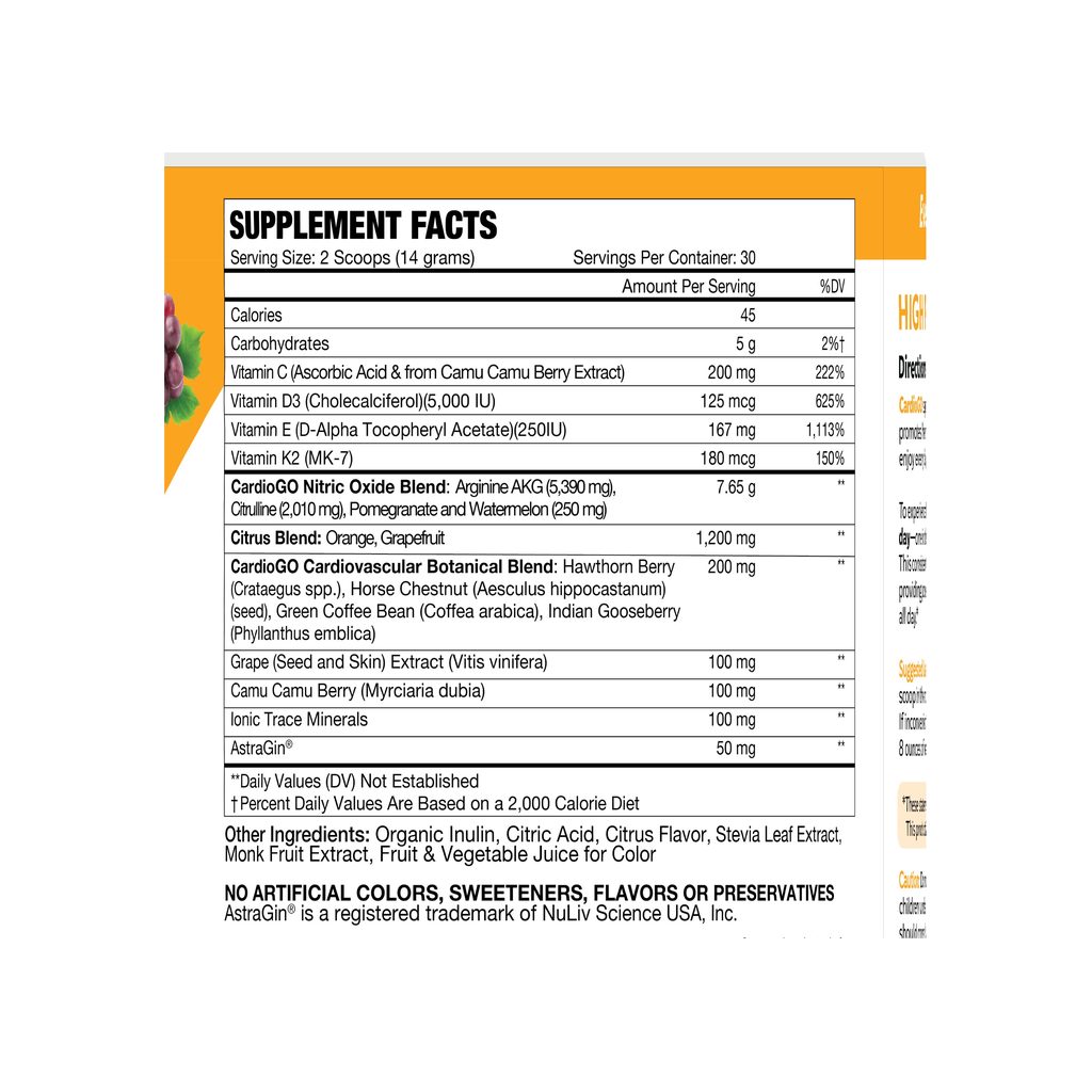 Bionox CardioGO Citrus Splash supplement facts panel listing ingredients, dosage, and serving size