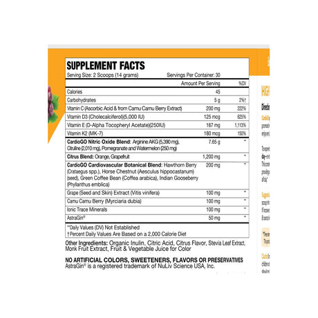 Bionox CardioGO Citrus Splash supplement facts panel listing ingredients, dosage, and serving size