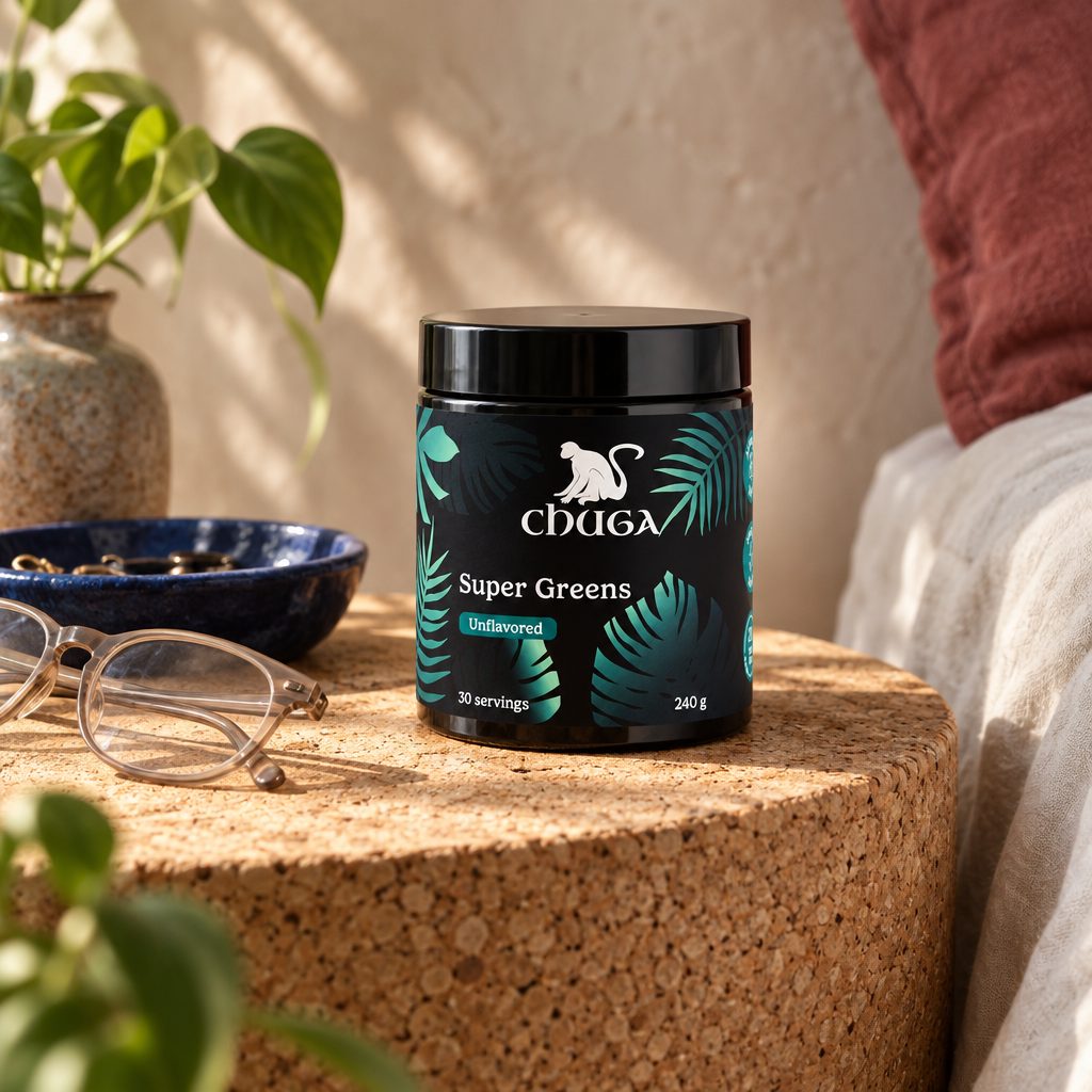 Chuga Super Greens jar on a cork side table next to reading glasses