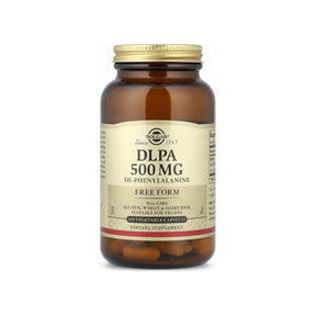 Solgar DLPA 500 mg Vegetable Capsules 100 ct amber bottle front label